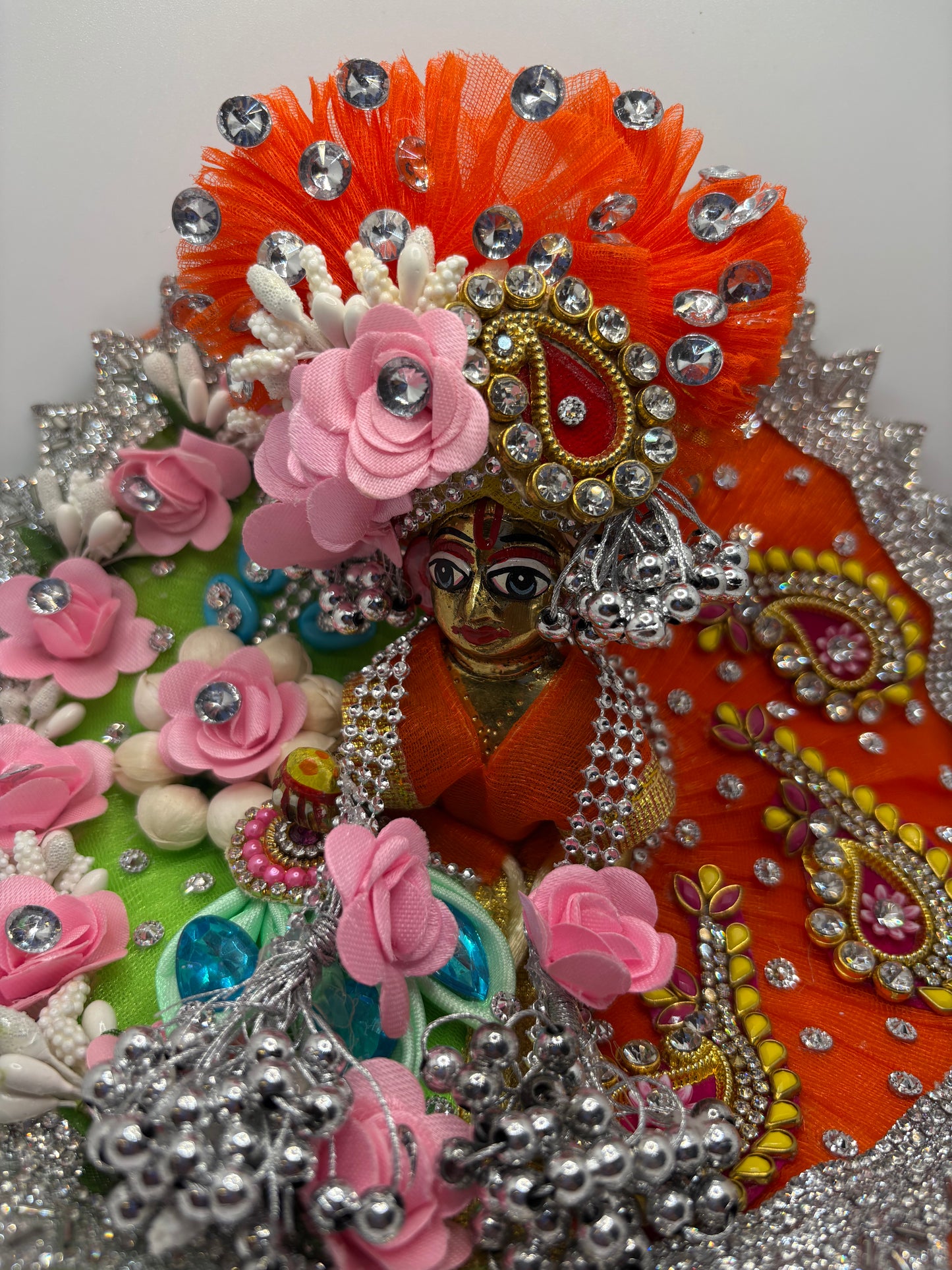 Orange Green Heavy Dress for Ladoo Gopal Ji | Designer Vastra for Bal Gopal with Zari & Stone Work