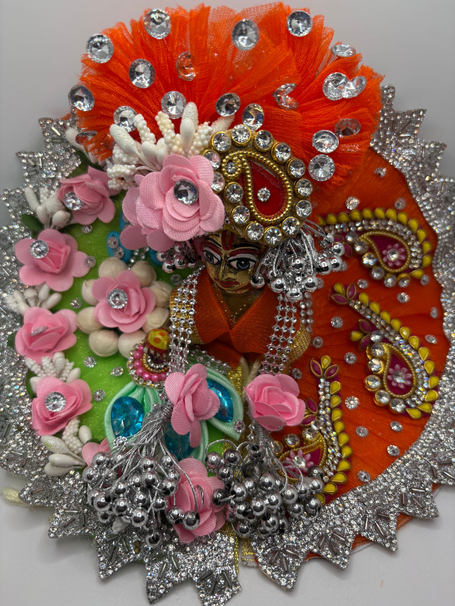 Orange Green Heavy Dress for Ladoo Gopal Ji | Designer Vastra for Bal Gopal with Zari & Stone Work