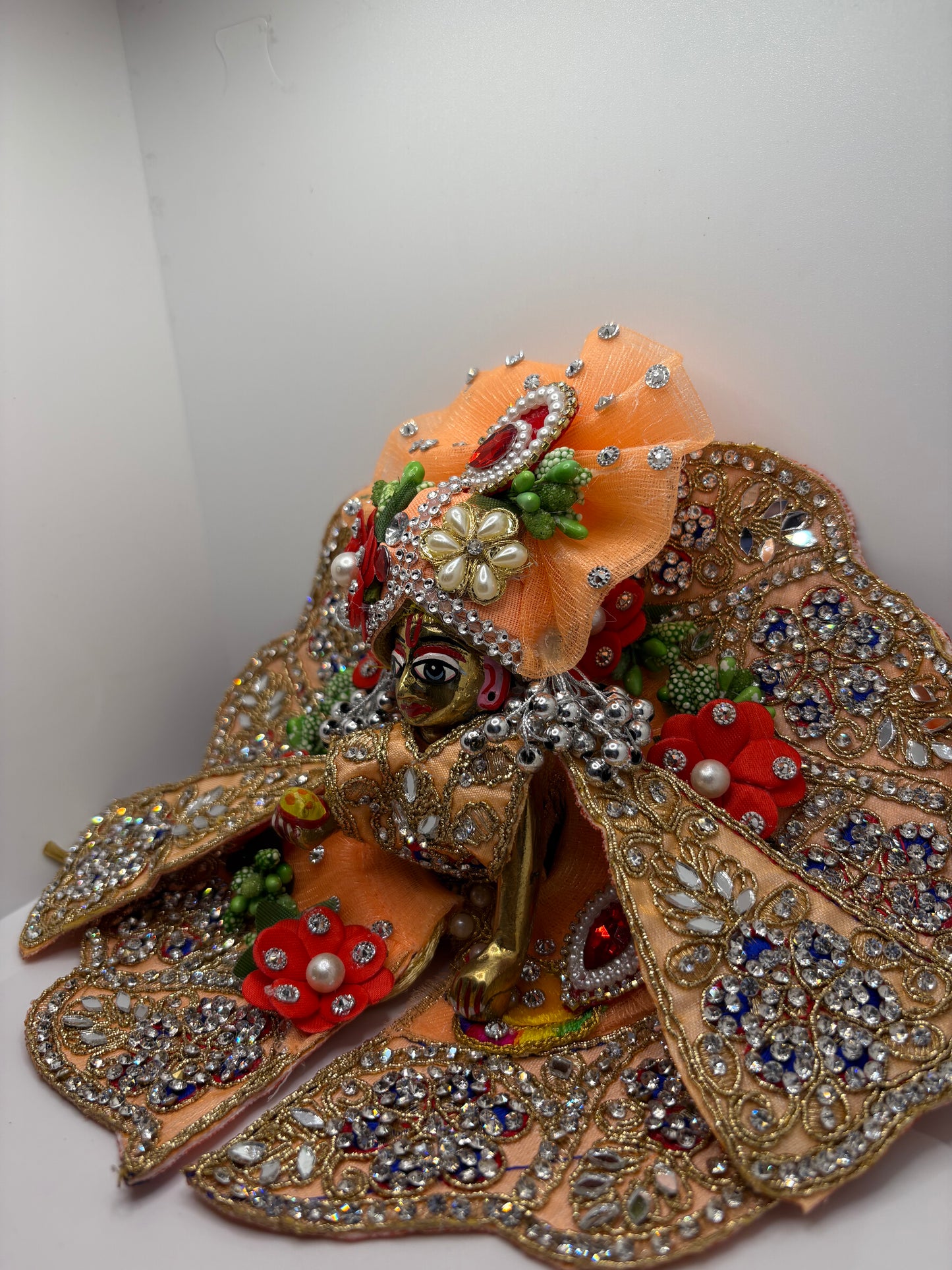 Peach Heavy Dress with Pagdi for Ladoo Gopal Ji | Designer Embroidered Vastra for Bal Gopal Idol