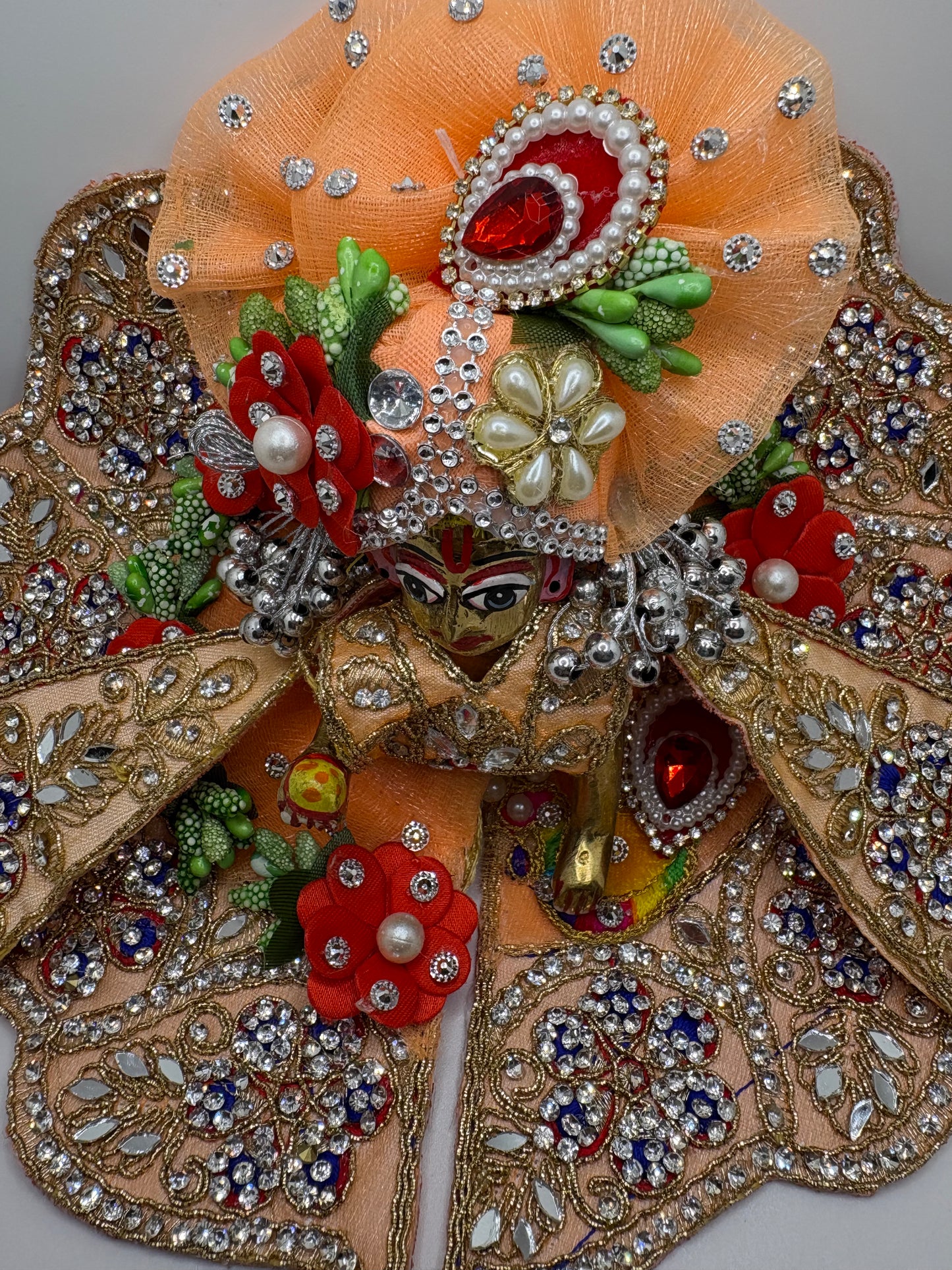 Peach Heavy Dress with Pagdi for Ladoo Gopal Ji | Designer Embroidered Vastra for Bal Gopal Idol