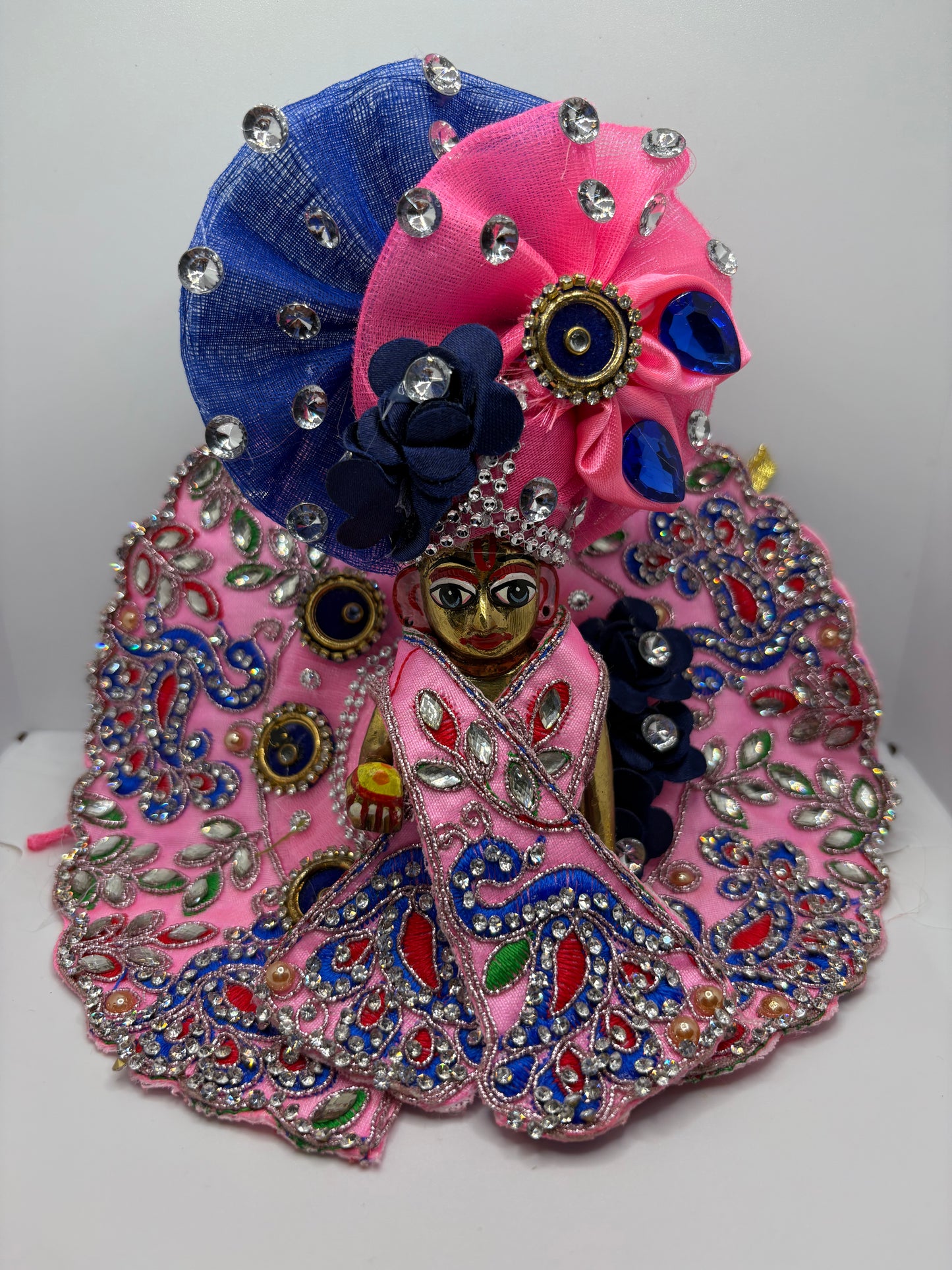 Pink & Blue Heavy Dress with Pagdi for Ladoo Gopal Ji | Premium Embroidered Vastra Set for Bal Gopal Idol
