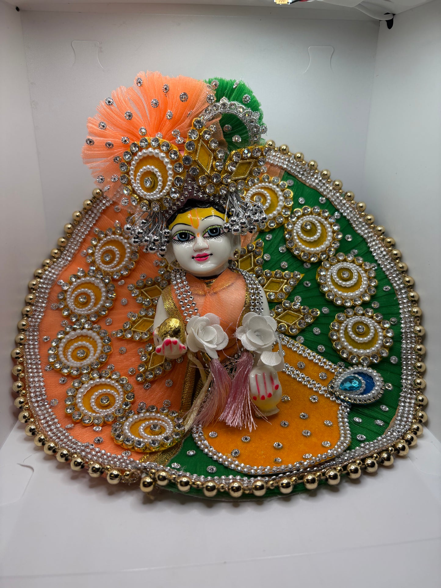Peach Green Yellow Heavy Dress with Pagdi for Ladoo Gopal Ji | Premium Multicolor Vastra Set with Crown for Bal Gopal