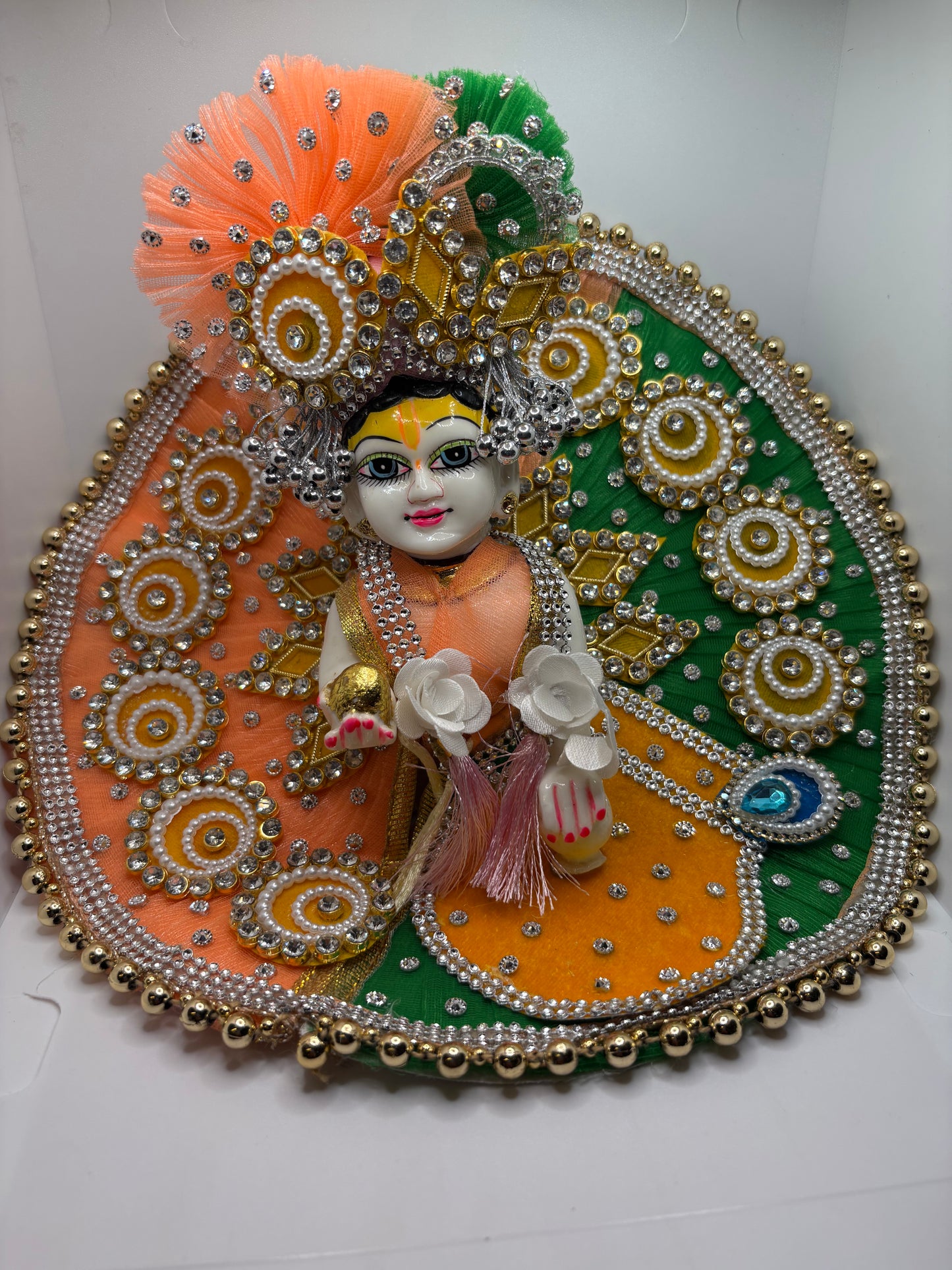 Peach Green Yellow Heavy Dress with Pagdi for Ladoo Gopal Ji | Premium Multicolor Vastra Set with Crown for Bal Gopal
