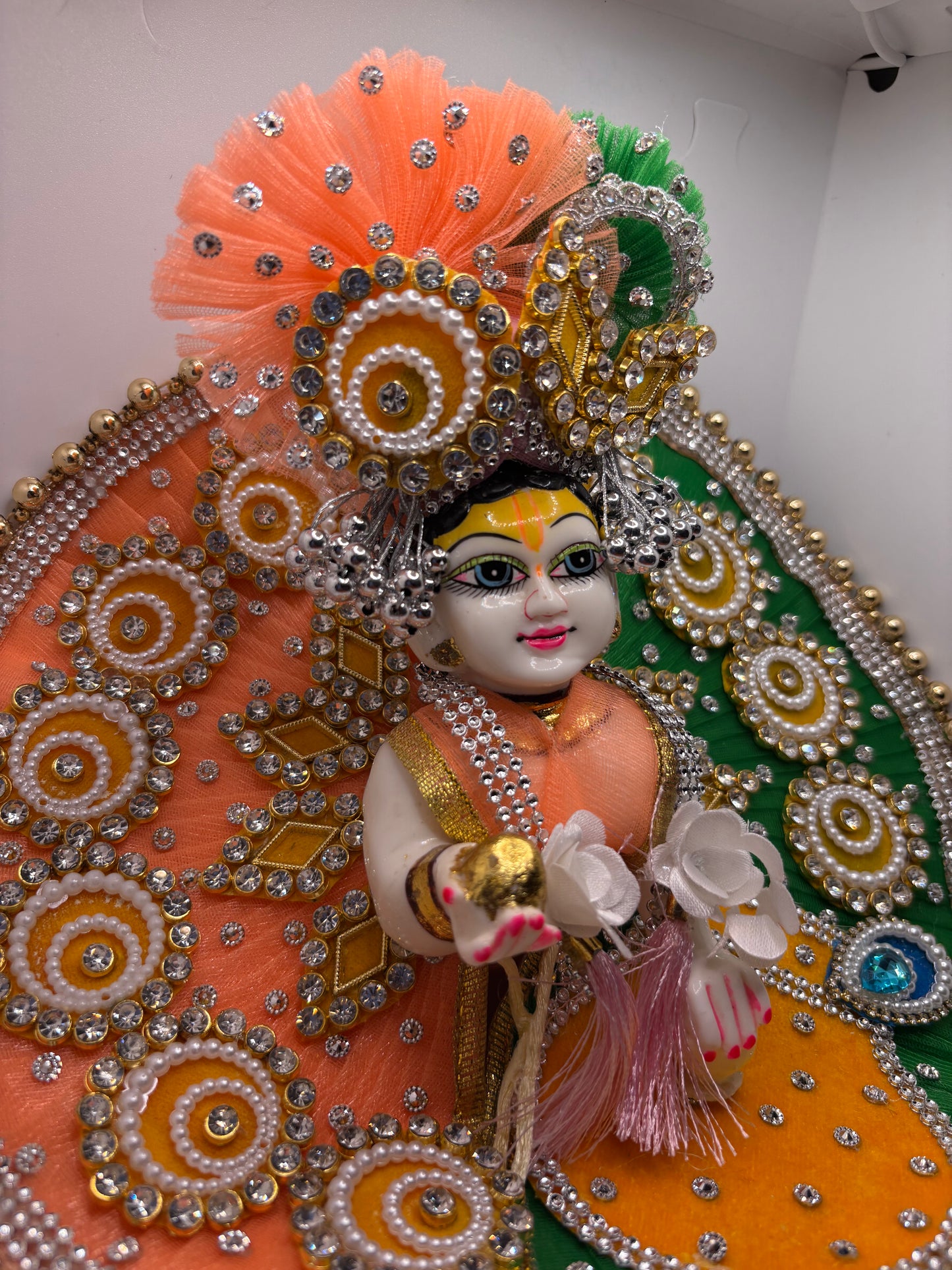 Peach Green Yellow Heavy Dress with Pagdi for Ladoo Gopal Ji | Premium Multicolor Vastra Set with Crown for Bal Gopal