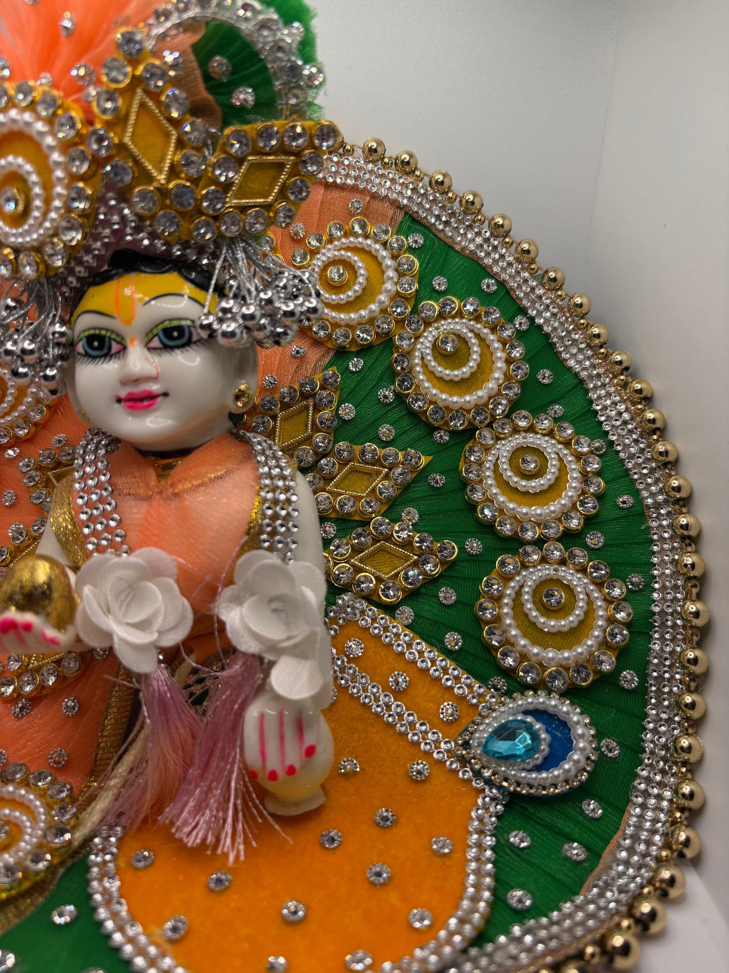 Peach Green Yellow Heavy Dress with Pagdi for Ladoo Gopal Ji | Premium Multicolor Vastra Set with Crown for Bal Gopal