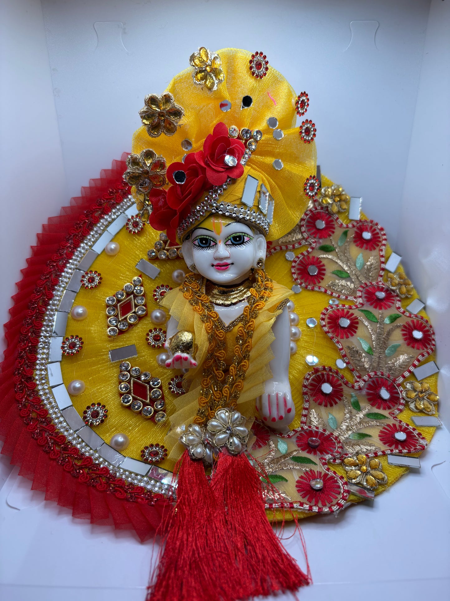Yellow & Red Heavy Dress with Pagdi for Ladoo Gopal Ji | Traditional Embroidered Vastra Set for Bal Gopa