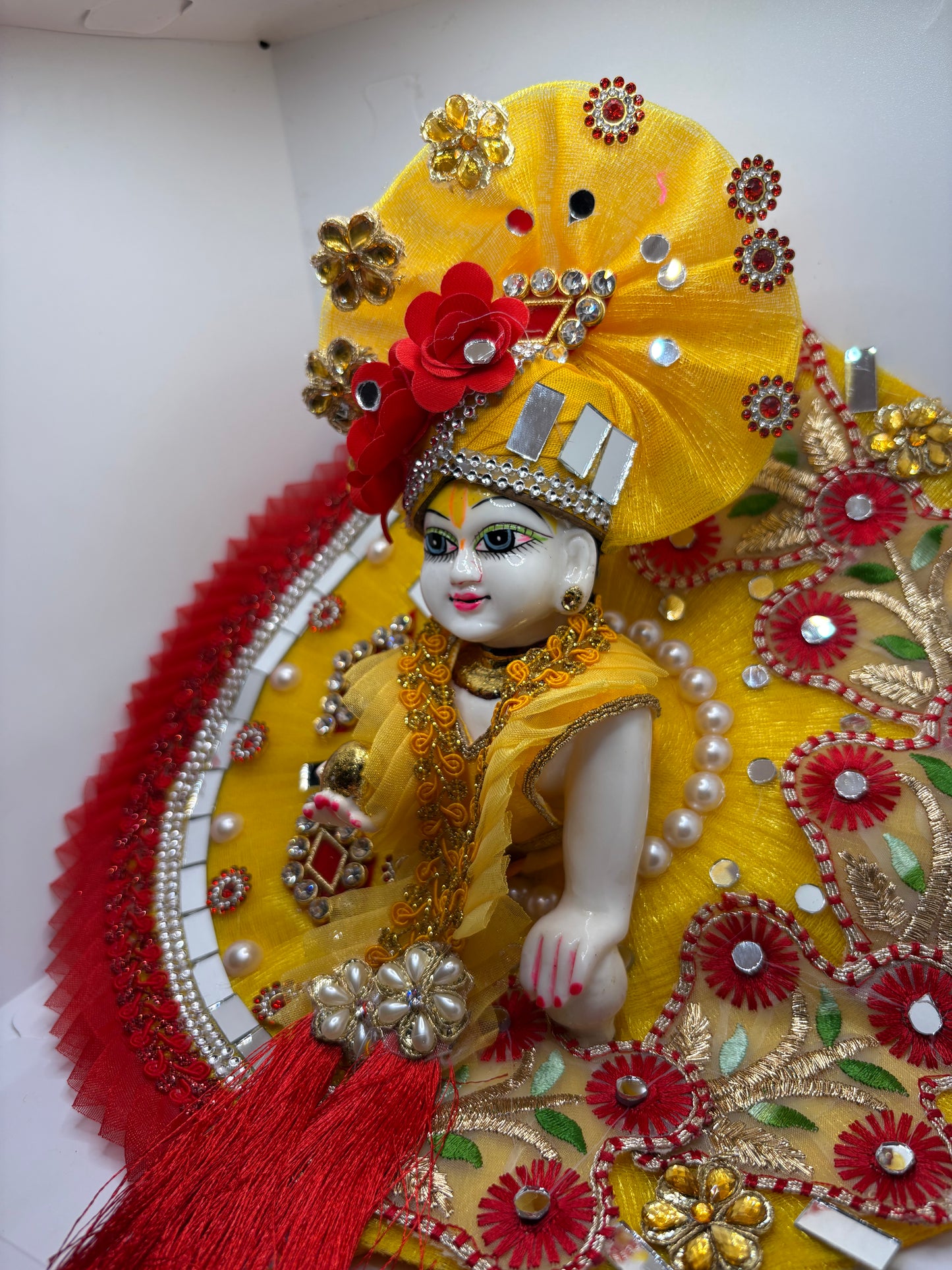 Yellow & Red Heavy Dress with Pagdi for Ladoo Gopal Ji | Traditional Embroidered Vastra Set for Bal Gopa
