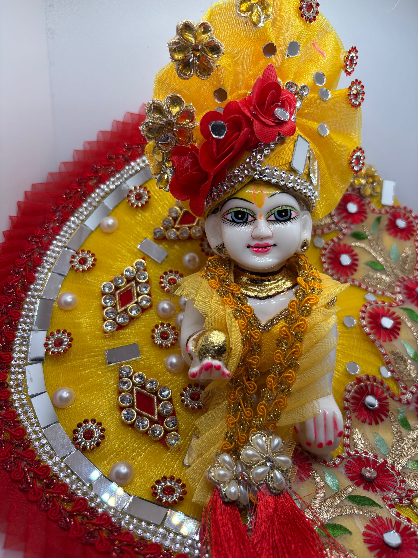 Yellow & Red Heavy Dress with Pagdi for Ladoo Gopal Ji | Traditional Embroidered Vastra Set for Bal Gopa