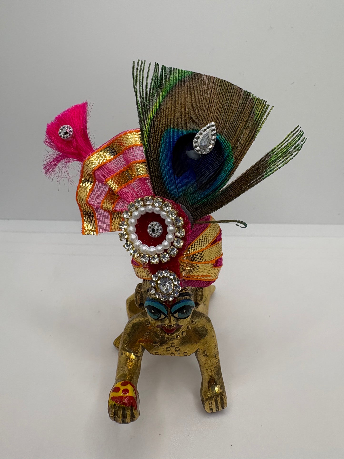 Beautiful Stone Peacock Feather Decorated Mukut for Kanha Ji | Royal Crown for Laddu Gopal Idol