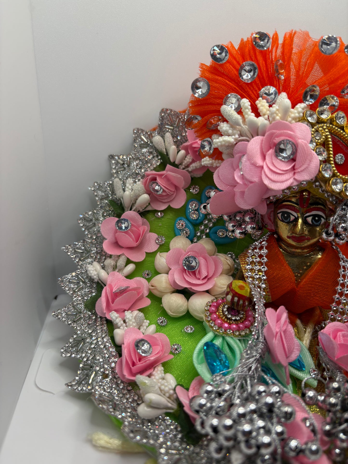 Orange Green Heavy Dress for Ladoo Gopal Ji | Designer Vastra for Bal Gopal with Zari & Stone Work