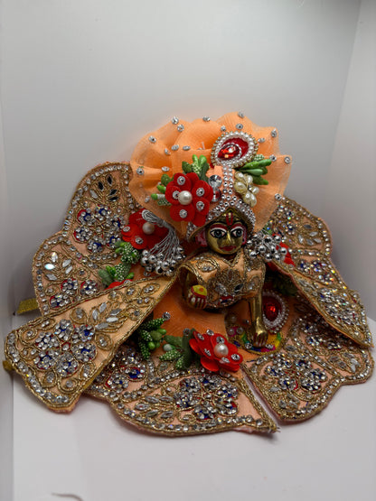 Peach Heavy Dress with Pagdi for Ladoo Gopal Ji | Designer Embroidered Vastra for Bal Gopal Idol