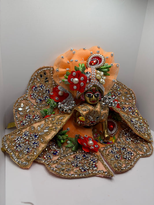 Peach Heavy Dress with Pagdi for Ladoo Gopal Ji | Designer Embroidered Vastra for Bal Gopal Idol