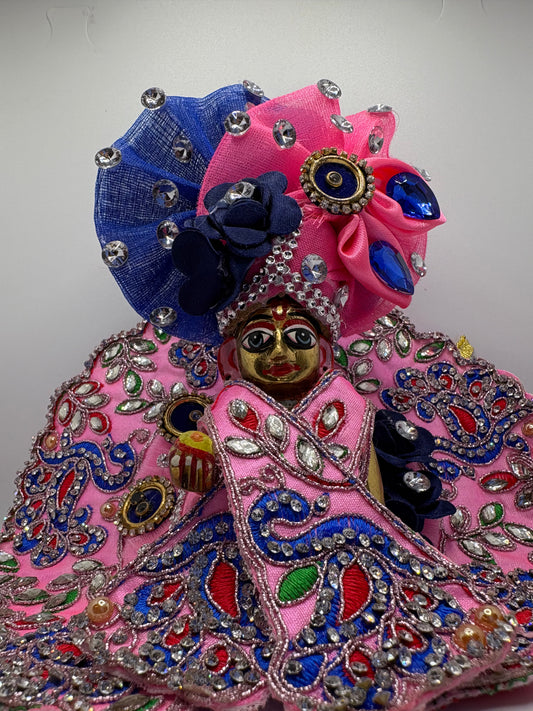 Pink & Blue Heavy Dress with Pagdi for Ladoo Gopal Ji | Premium Embroidered Vastra Set for Bal Gopal Idol