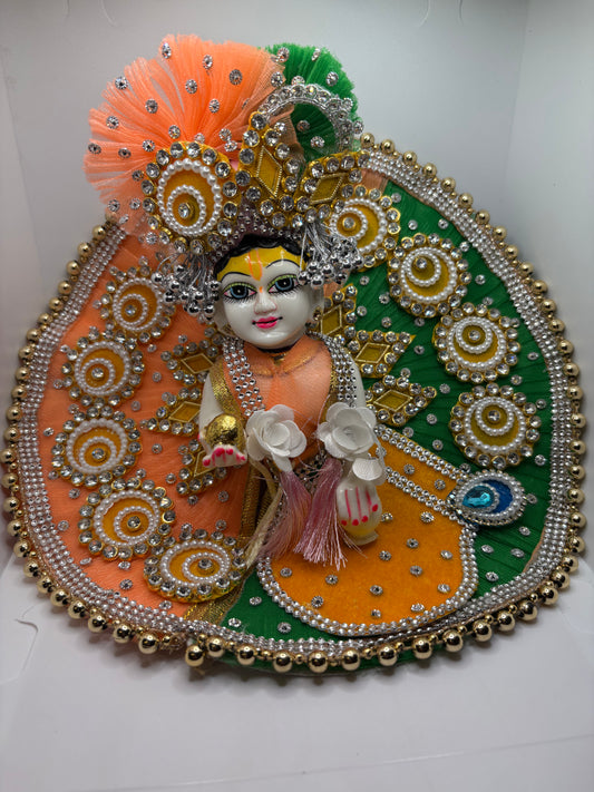 Peach Green Yellow Heavy Dress with Pagdi for Ladoo Gopal Ji | Premium Multicolor Vastra Set with Crown for Bal Gopal
