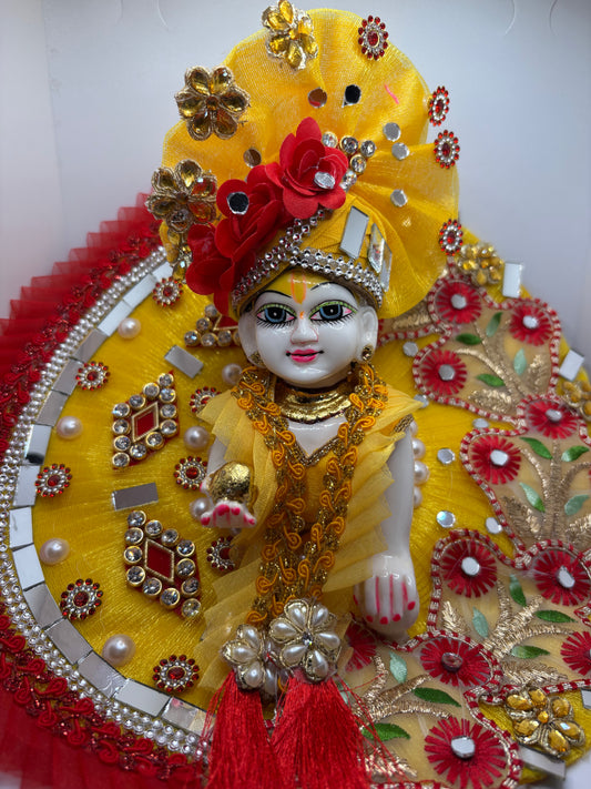 Yellow & Red Heavy Dress with Pagdi for Ladoo Gopal Ji | Traditional Embroidered Vastra Set for Bal Gopa