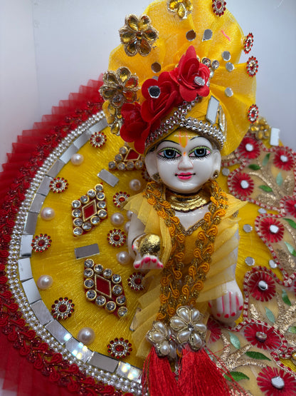 Yellow & Red Heavy Dress with Pagdi for Ladoo Gopal Ji | Traditional Embroidered Vastra Set for Bal Gopa