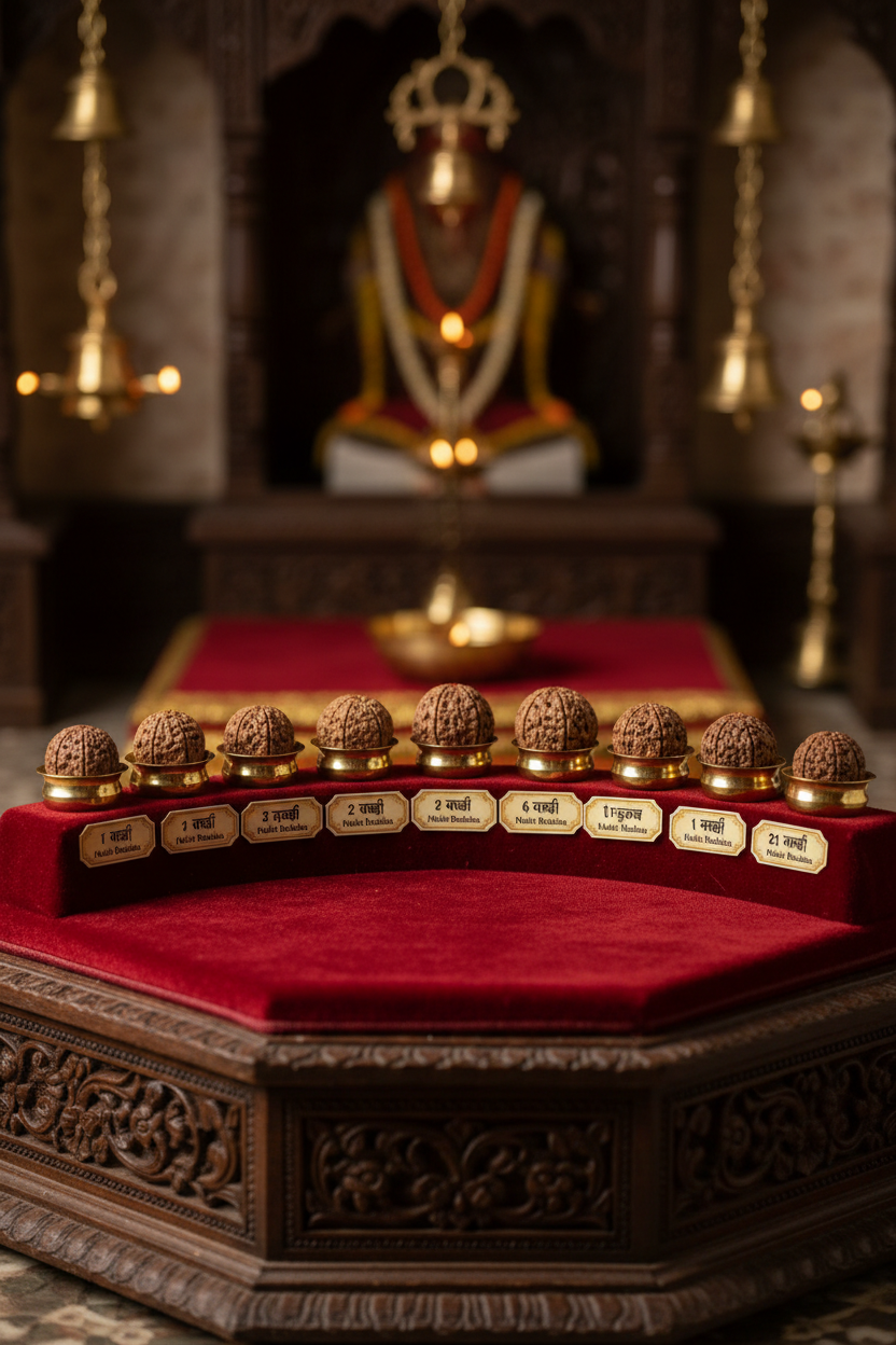 Below each bead, clean and readable text label mentioning:

“1 Mukhi Rudraksha”, “2 Mukhi Rudraksha” … up to “21 Mukhi Rudraksha”