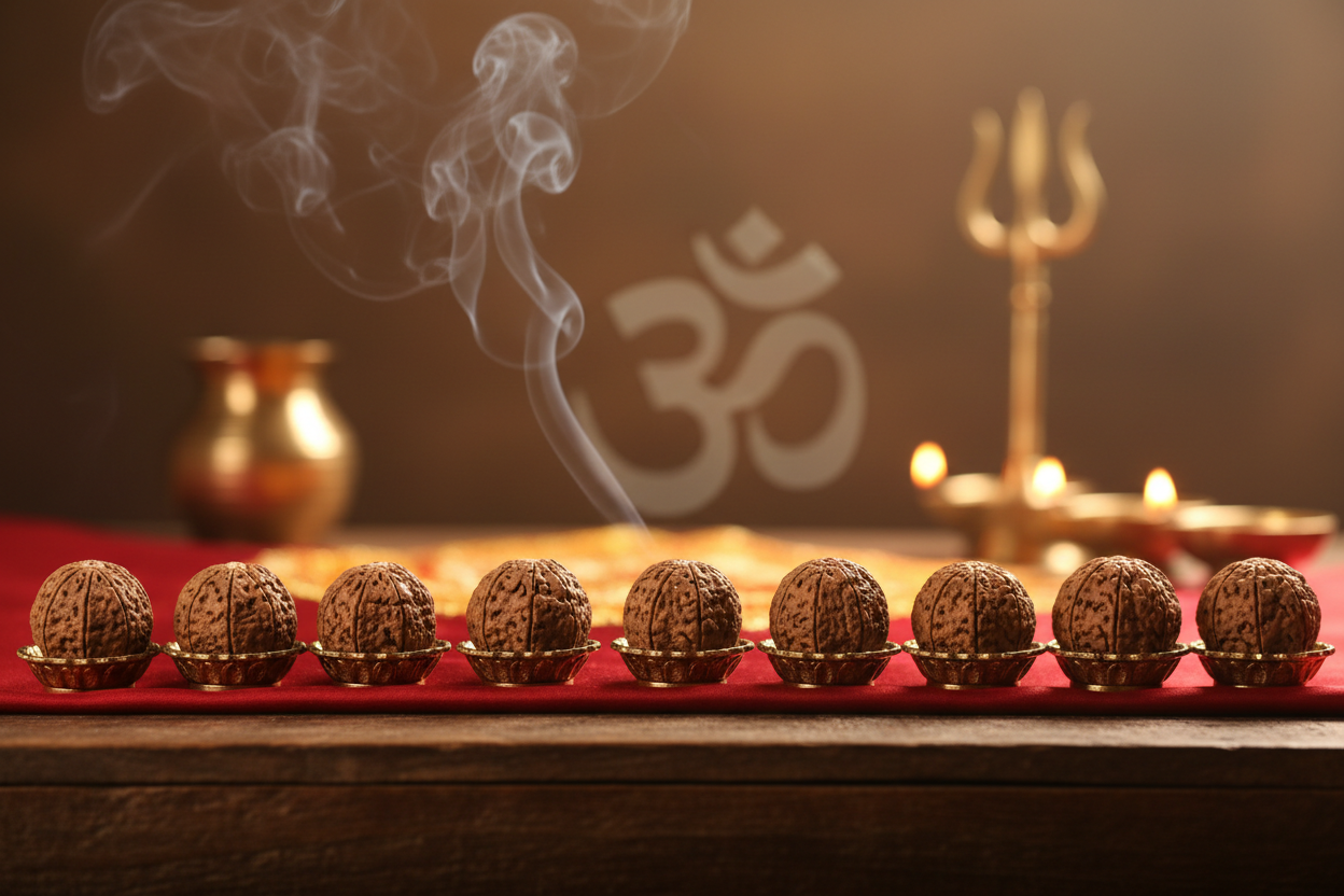 Kept open, calm, and sacred

Soft blurred background with warm temple lighting

Subtle elements like diya glow, incense smoke, brass kalash bokeh

Optional faint symbol: ॐ or Trishul silhouette, very subtle readalabel or all 1 mukhi to 14 mukhi